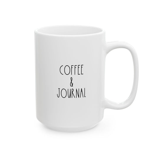 COFFEE & JOURNAL | 15oz White Ceramic Mug (Rae Dunn Inspired)